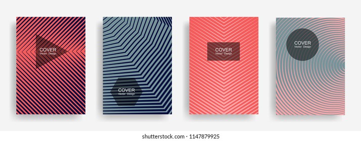 Halftone vector cover template with lines, triangle circle hexagon title places. Vector journal design geometric shape background set. Futuristic halftone lines hipster templates set.