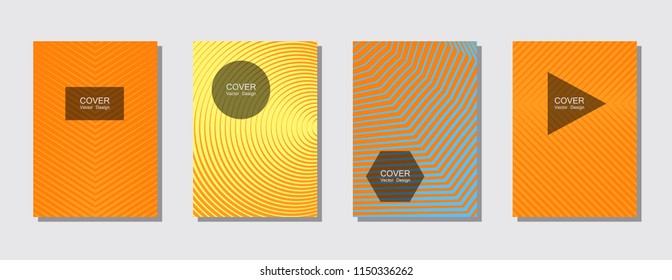 Halftone vector cover template with lines, triangle circle hexagon title places. Vector journal design geometric shape background set. Dynamic halftone lines minimal advert flyers collection.