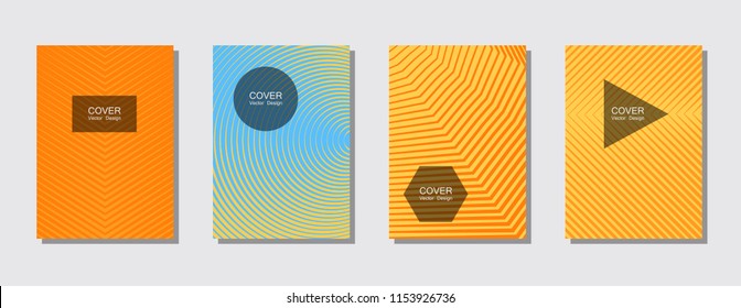 Halftone vector cover template with lines, triangle circle hexagon title places. Vector journal design geometric shape background set. Dynamic halftone lines trendy advert flyers collection.
