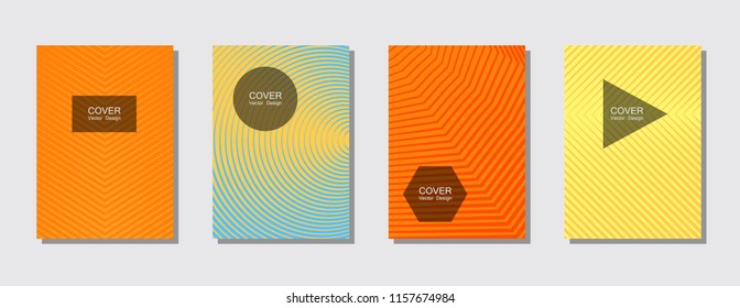 Halftone vector cover template with lines, triangle circle hexagon title places. Vector brochure design geometric shape background set. Dynamic halftone lines cool advert flyers collection.