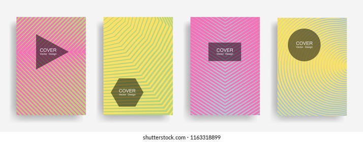 Halftone vector cover template with lines, triangle circle hexagon title places. Vector journal design geometric shape background set. Creative halftone lines hipster banners abstract collection.