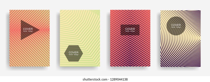 Halftone vector cover template with lines, triangle circle hexagon title places. Vector journal design geometric shape background set. Gradient halftone lines hipster advert flyers collection.