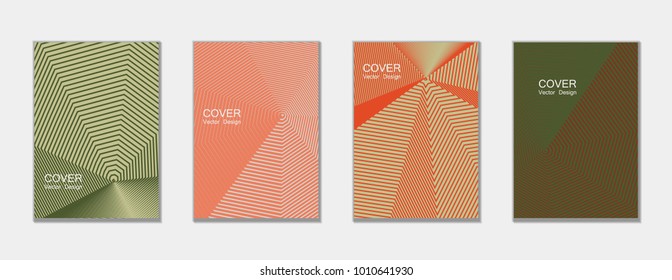 Halftone vector cover templates set with lines graphics. Tech journal design, geometric shape vector background set, trendy halftone lines hipster pattern abstract covers collection. Flat composition.