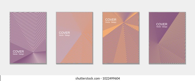 Halftone vector cover templates set with lines graphics. Tech journal design, geometric shape vector background set, trendy halftone lines hipster pattern abstract covers collection. Flat composition.