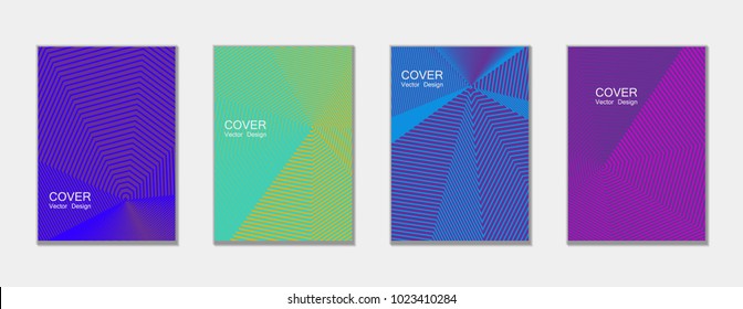 Halftone vector cover templates set with lines graphics. Tech journal design, geometric shape vector background set, trendy halftone lines hipster pattern abstract covers collection. Flat composition.
