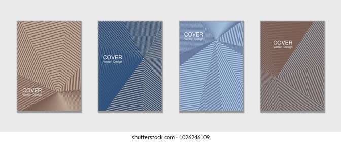 Halftone vector cover templates set with lines graphics. Tech journal design, geometric shape vector background set, trendy halftone lines hipster pattern abstract covers collection. Flat composition.