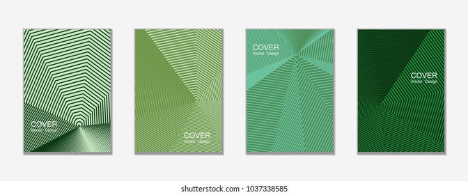 Halftone vector cover templates set with lines graphics. Tech journal design, geometric shape vector background set, trendy halftone lines hipster pattern abstract covers collection. Flat composition.