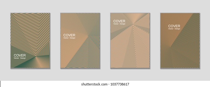 Halftone vector cover templates set with lines graphics. Tech journal design, geometric shape vector background set, trendy halftone lines hipster pattern abstract covers collection. Flat composition.