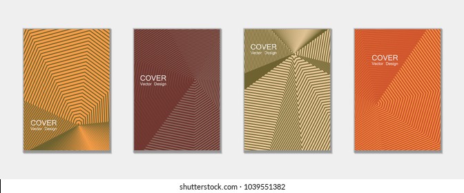 Halftone vector cover templates set with lines graphics. Tech journal design, geometric shape vector background set, trendy halftone lines hipster pattern abstract covers collection. Flat composition.