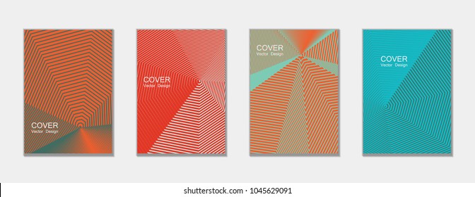 Halftone vector cover templates set with lines graphics. Tech journal design, geometric shape vector background set, trendy halftone lines hipster pattern abstract covers collection. Flat composition.