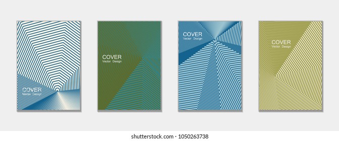 Halftone vector cover templates set with lines graphics. Tech journal design, geometric shape vector background set, trendy halftone lines hipster pattern abstract covers collection. Flat composition.