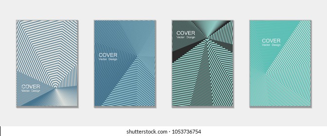 Halftone vector cover templates set with lines graphics. Tech journal design, geometric shape vector background set, trendy halftone lines hipster pattern abstract covers collection. Flat composition.