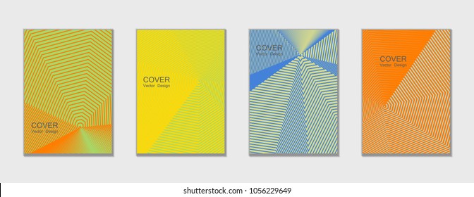 Halftone vector cover templates set with lines graphics. Tech journal design, geometric shape vector background set, trendy halftone lines hipster pattern abstract covers collection. Flat composition.