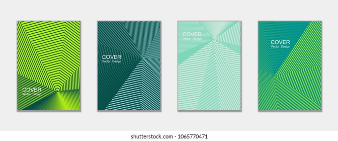 Halftone vector cover templates set with lines graphics. Tech journal design, geometric shape vector background set, trendy halftone lines hipster pattern abstract covers collection. Flat composition.