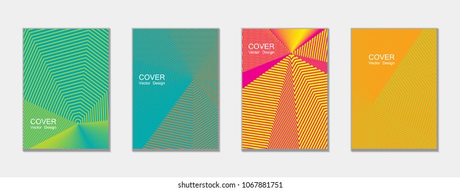 Halftone vector cover templates set with lines graphics. Tech journal design, geometric shape vector background set, trendy halftone lines hipster pattern abstract covers collection. Flat composition.