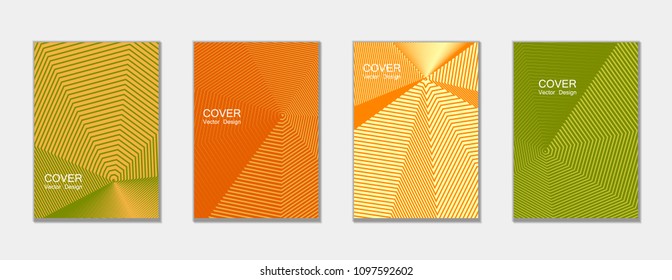Halftone vector cover templates set with lines graphics. Tech journal design, geometric shape vector background set, trendy halftone lines hipster pattern abstract covers collection. Flat composition.