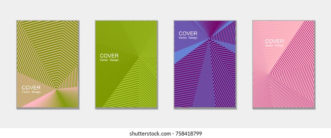 Halftone vector cover templates set with lines graphics. Tech journal design, geometric shape vector background set, trendy halftone lines hipster pattern abstract covers collection. Flat composition.