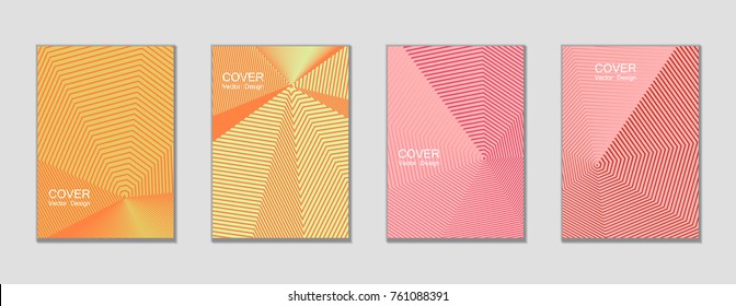 Halftone vector cover templates set with lines graphics. Tech journal design, geometric shape vector background set, trendy halftone lines hipster pattern abstract covers collection. Flat composition.