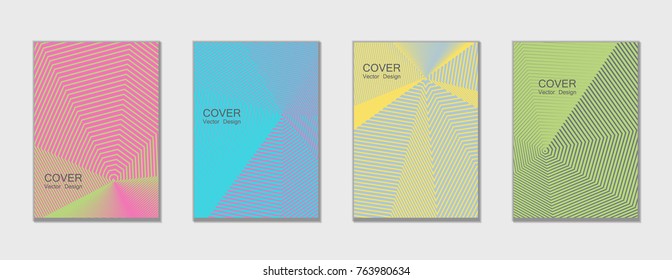 Halftone vector cover templates set with lines graphics. Tech journal design, geometric shape vector background set, trendy halftone lines hipster pattern abstract covers collection. Flat composition.