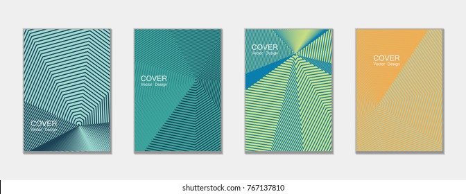 Halftone vector cover templates set with lines graphics. Tech journal design, geometric shape vector background set, trendy halftone lines hipster pattern abstract covers collection. Flat composition.