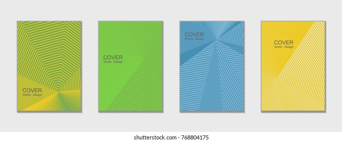 Halftone vector cover templates set with lines graphics. Tech journal design, geometric shape vector background set, trendy halftone lines hipster pattern abstract covers collection. Flat composition.