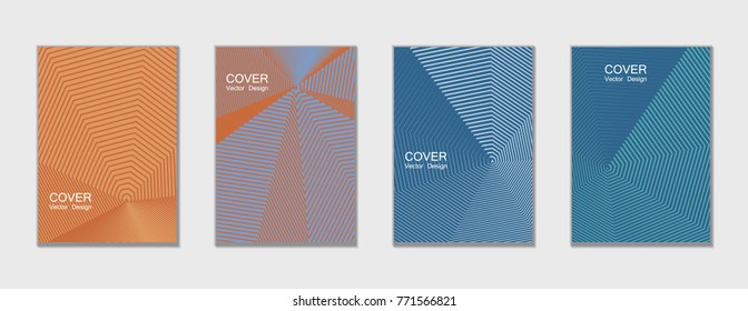 Halftone vector cover templates set with lines graphics. Tech journal design, geometric shape vector background set, trendy halftone lines hipster pattern abstract covers collection. Flat composition.