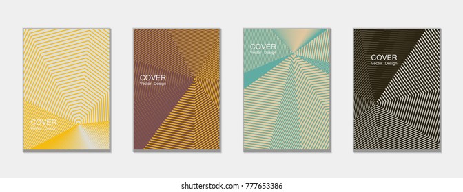 Halftone vector cover templates set with lines graphics. Tech journal design, geometric shape vector background set, trendy halftone lines hipster pattern abstract covers collection. Flat composition.