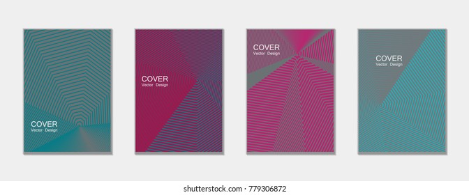 Halftone vector cover templates set with lines graphics. Tech journal design, geometric shape vector background set, trendy halftone lines hipster pattern abstract covers collection. Flat composition.