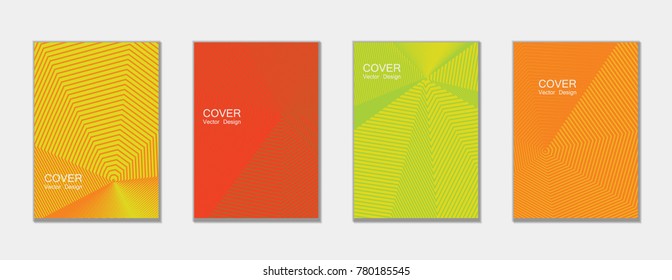 Halftone vector cover templates set with lines graphics. Tech journal design, geometric shape vector background set, trendy halftone lines hipster pattern abstract covers collection. Flat composition.