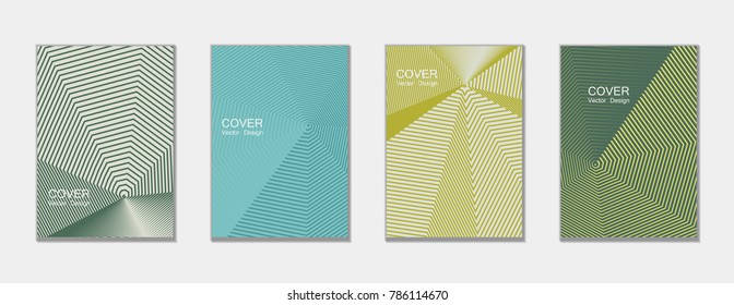 Halftone vector cover templates set with lines graphics. Tech journal design, geometric shape vector background set, trendy halftone lines hipster pattern abstract covers collection. Flat composition.