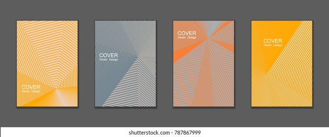 Halftone vector cover templates set with lines graphics. Tech journal design, geometric shape vector background set, trendy halftone lines hipster pattern abstract covers collection. Flat composition.