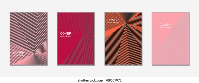 Halftone vector cover templates set with lines graphics. Tech journal design, geometric shape vector background set, trendy halftone lines hipster pattern abstract covers collection. Flat composition.