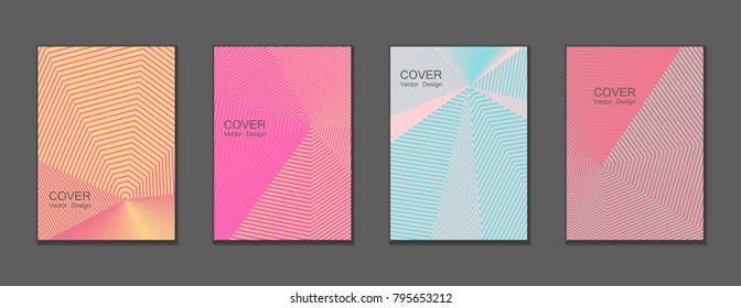 Halftone vector cover templates set with lines graphics. Tech journal design, geometric shape vector background set, trendy halftone lines hipster pattern abstract covers collection. Flat composition.