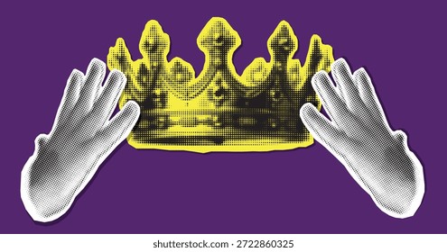 Vector de semitono cortado con las manos sosteniendo una ilustración de moda de la corona