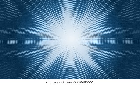 Halftone vector design with blue radial halftone rays. Vibrant sunburst effect on  gradient background. Graphic art template for winter themes.