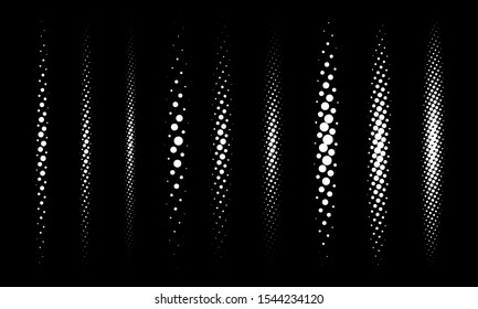 Halftone vector divider lines set. Circle dots linear gradient pattern textures isolated on black background. Straight dotted spots using halftone circle dot raster texture. Lineal blot half tone.