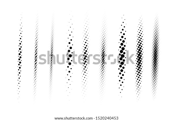 Halftone vector divider lines set. Circle dots\
linear gradient pattern textures isolated on white background.\
Straight dotted spots using halftone circle dot raster texture.\
Lineal blot half\
tone.