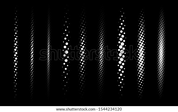 Halftone vector divider lines set. Circle dots\
linear gradient pattern textures isolated on black background.\
Straight dotted spots using halftone circle dot raster texture.\
Lineal blot half\
tone.