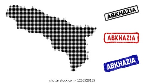 Halftone vector dot abstract Abkhazia map and isolated black, red, blue rubber-style stamp seals. Abkhazia map label inside draft rectangle frames and with distress rubber texture.