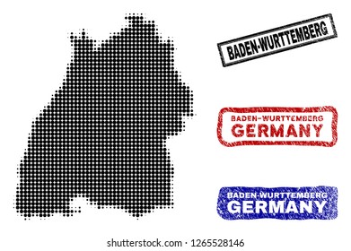 Halftone vector dot abstract Baden-Wurttemberg State map and isolated black, red, blue grunge stamp seals.