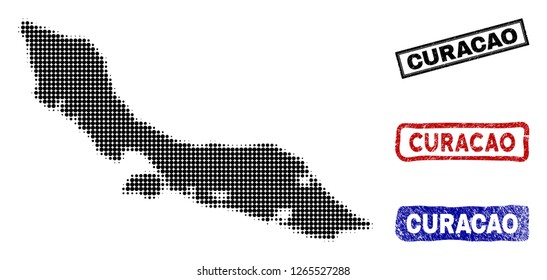 Halftone vector dot abstract Curacao Island map and isolated black, red, blue rubber-style stamp seals. Curacao Island map caption inside draft rectangle frames and with distress rubber texture.