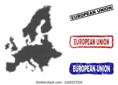 Halftone vector dot abstract European Union map and isolated black, red, blue textured stamp seals. European Union map label inside rough rectangle frames and with unclean rubber texture.