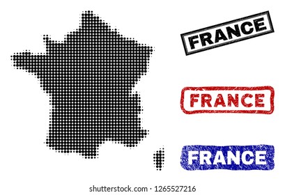 Halftone vector dot abstract France map and isolated black, red, blue damaged stamp seals. France map label inside draft rectangle frames and with unclean rubber texture.