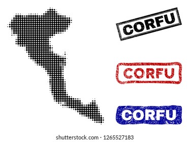 Halftone vector dot abstract Greek Corfu Island map and isolated black, red, blue scratched stamp seals. Greek Corfu Island map name inside draft rectangle frames and with scratched rubber texture.