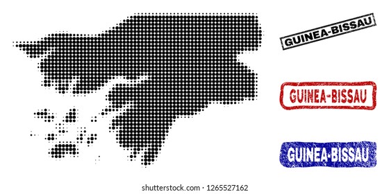 Halftone vector dot abstract Guinea-Bissau map and isolated black, red, blue textured stamp seals. Guinea-Bissau map title inside rough rectangle frames and with corroded rubber texture.