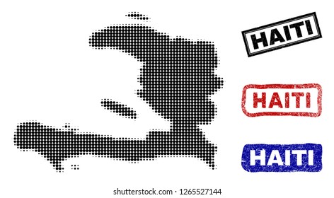 Halftone vector dot abstract Haiti map and isolated black, red, blue rubber-style stamp seals. Haiti map tag inside rough rectangle frames and with retro rubber texture.