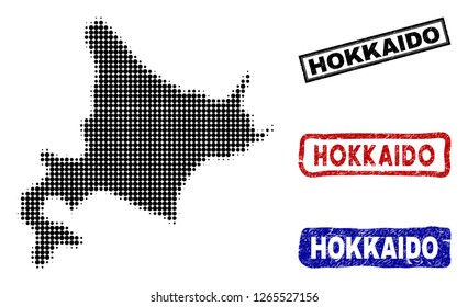 Halftone vector dot abstract Hokkaido Island map and isolated black, red, blue rubber-style stamp seals. Hokkaido Island map caption inside rough rectangle frames and with scratched rubber texture.