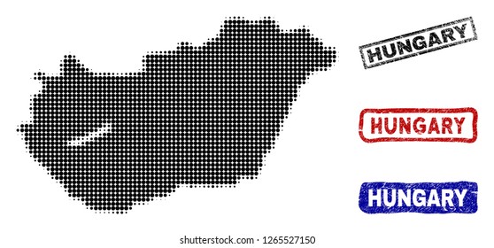 Halftone vector dot abstract Hungary map and isolated black, red, blue rubber-style stamp seals. Hungary map caption inside draft rectangle frames and with distress rubber texture.