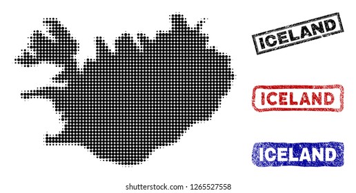 Halftone vector dot abstract Iceland map and isolated black, red, blue rubber-style stamp seals. Iceland map caption inside draft rectangle frames and with scratched rubber texture.