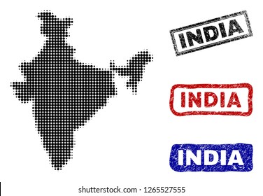 Halftone vector dot abstract India map and isolated black, red, blue damaged stamp seals. India map title inside rough rectangle frames and with grunge rubber texture.